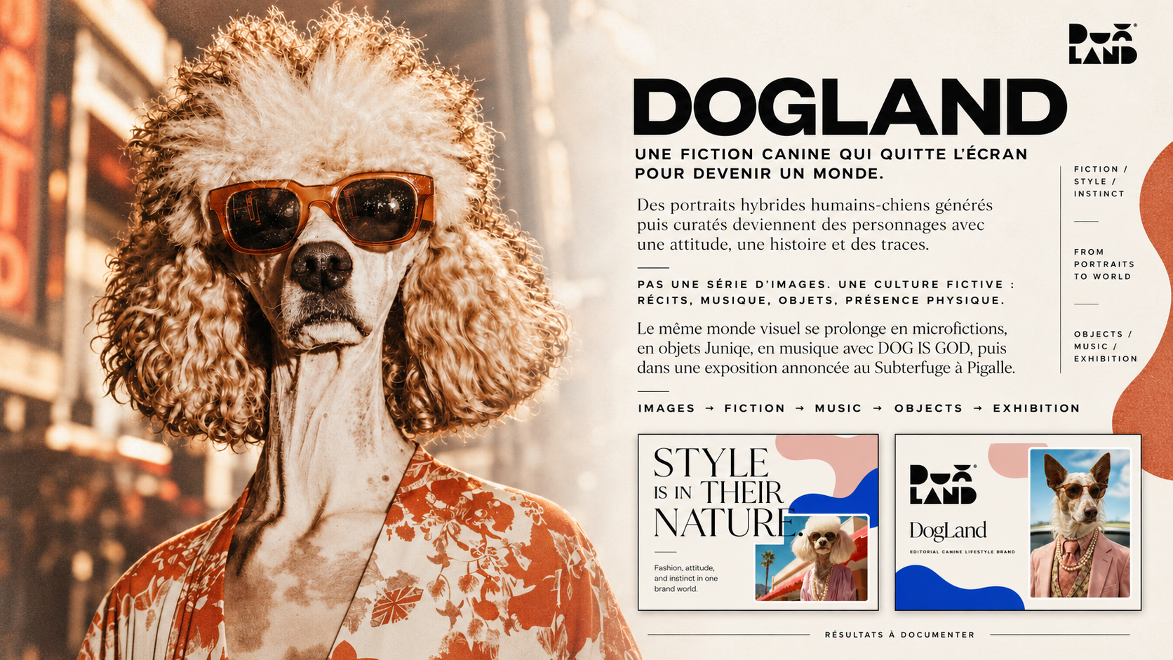 Planche éditoriale DogLand : portrait d’un caniche aux lunettes, identité graphique et déclinaisons de l’univers.